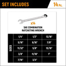 14 PC. 90-TOOTH 12 POINT SAE COMBINATION RATCHETING WRENCH SET